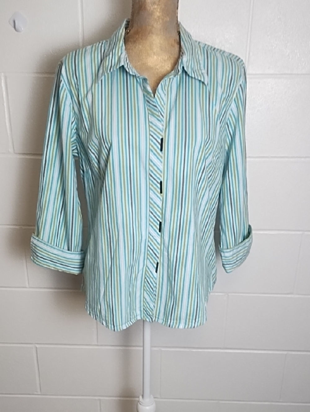 Classic Striped Snap-Up Shirt Aqua Blue Green White Grey Metal Accent 3/4 Sleeve